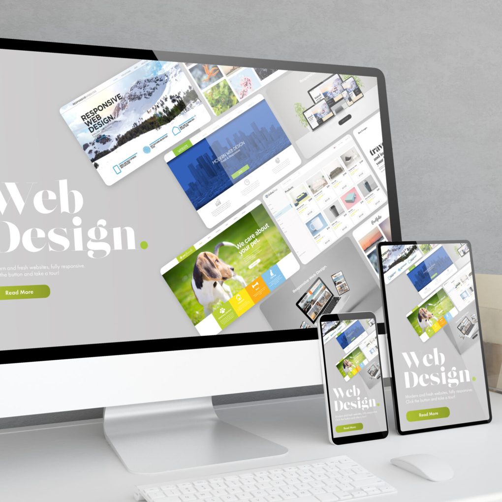 Responsive,Devices,At,Office,Desktop,3d,Rendering,With,Web,Design